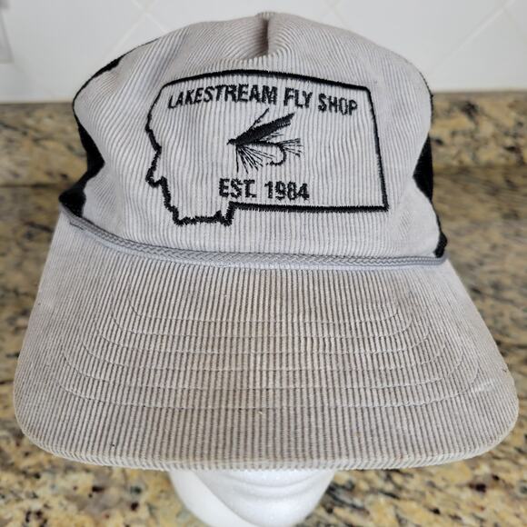 Lakestream Fly Shop in Whitefish, MT Trucker Snapback Hat Cap Tan Corduroy - Picture 1 of 8